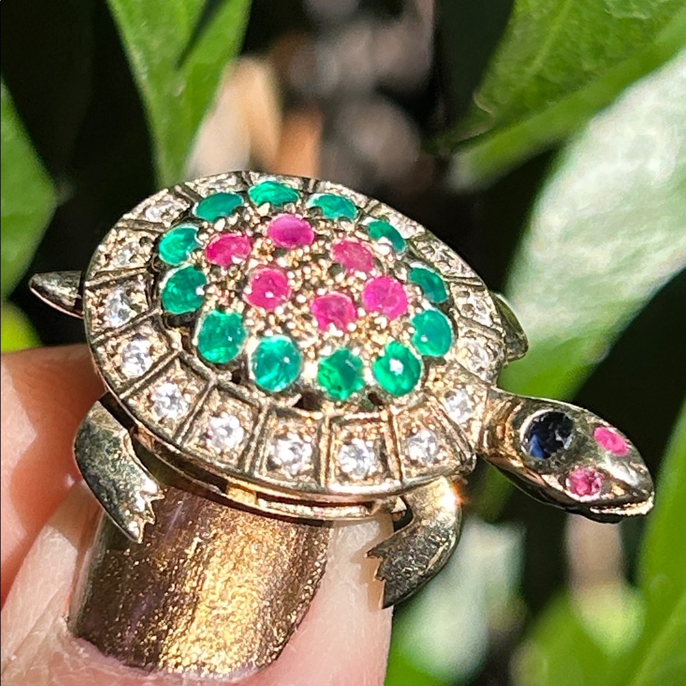 Gold Sterling Silver Ruby Emeralds Turtle Brooch Pendant